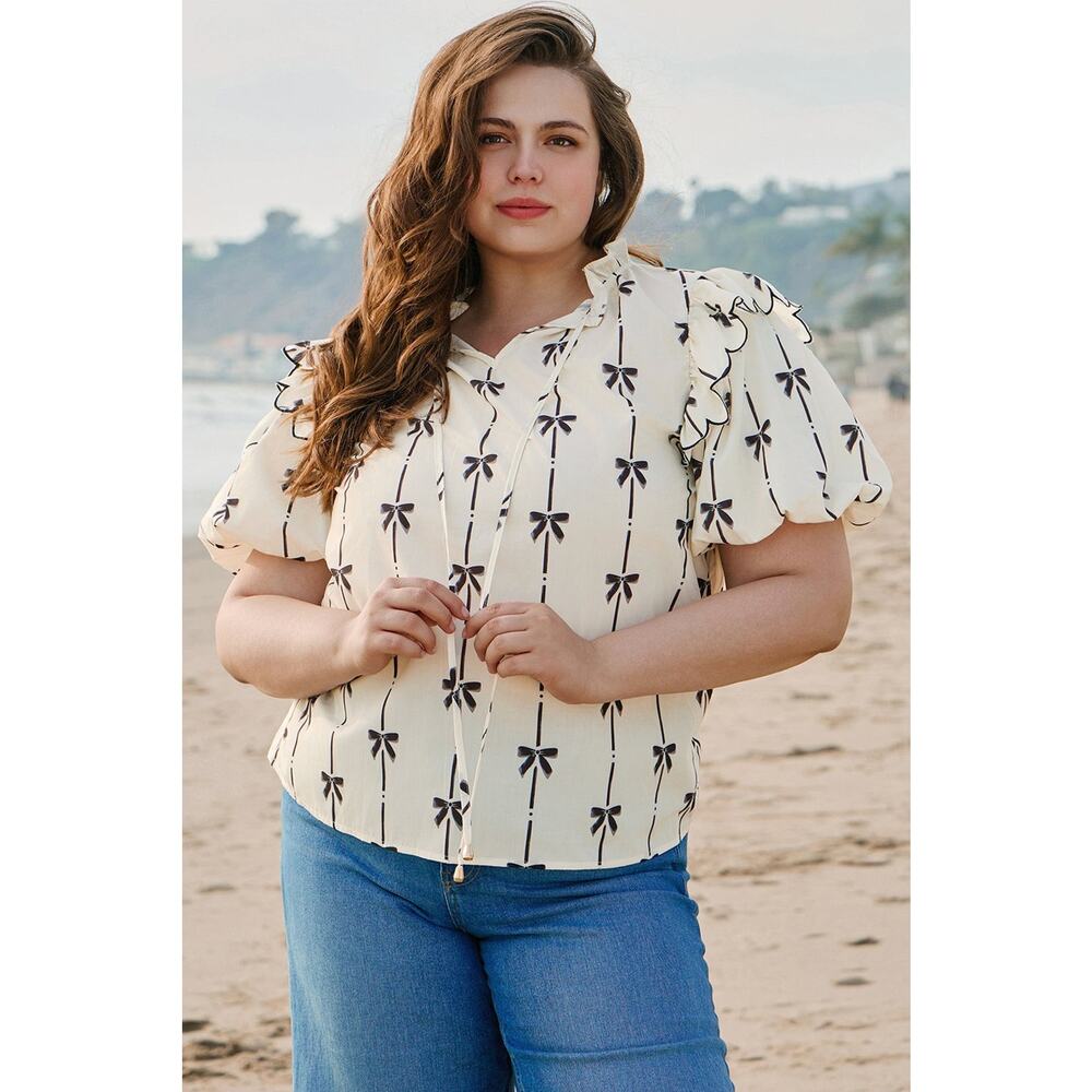 Ivory Bow Printed Ruffled‎ Bubble Sleeve Notched Neck Plus Size Blouse 4X